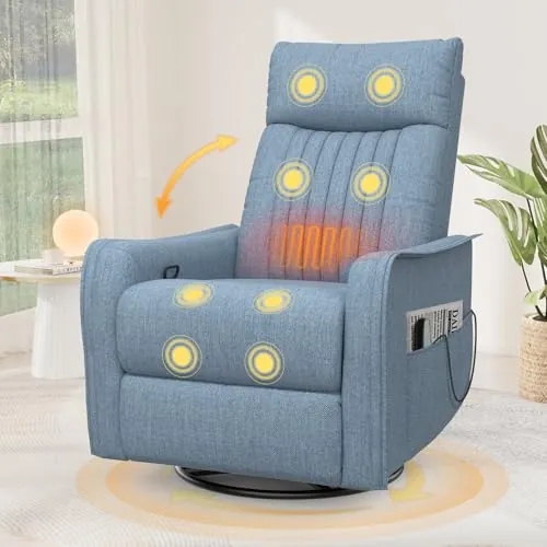 Srfzluxy Sillón reclinable Mecedora giratoria con Masaje y Calor, reposapiés extendido,Sillón reclinable 3 en 1 para Sala de Estar, sofá Individual Ajustable con Bolsillos Laterales Doble (Azul)