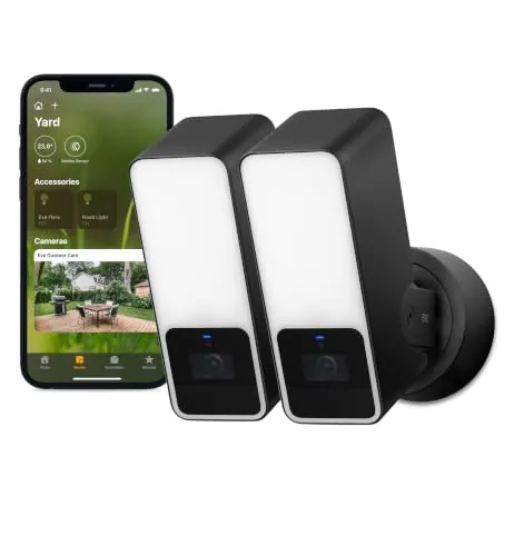 Eve Outdoor CAM Lote de 2 – cámara Segura con Foco, máxima Seguridad y privacidad (HomeKit Secure Video), 1080p, visión Nocturna, Wi-Fi (2,4 GHz), Sensor de Movimiento, comunicación bidireccional