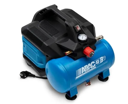 ABAC Compresor de aire silencioso portátil EASE-AIR 6, Compresor de aire sin aceite, Presión máxima 8 bar, Potencia 0.75 Hp, Depósito 6 litros, Nivel sonoro 49 dB