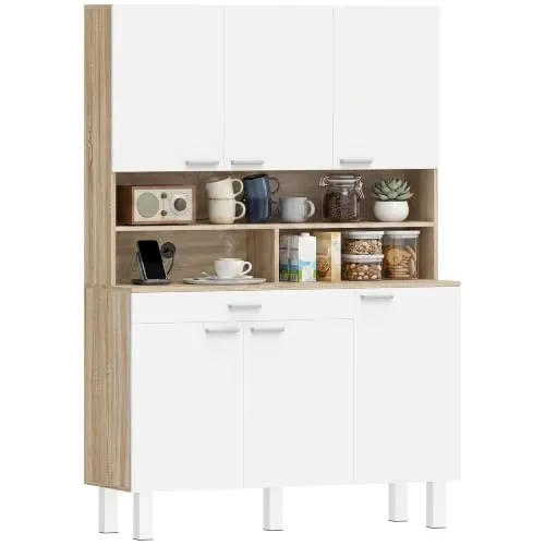 HOMCOM Alacena de Cocina Alta con 6 Puertas 120x40x175 cm Blanco y Natural