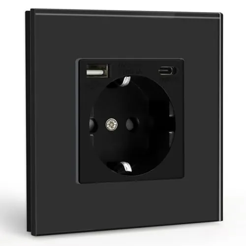 BSEED Enchufe de Pared USB(Max. 2.1A) con Tipo C Port,Negro Schuko Enchufe Simple,Toma de Corriente con 2 x Cargadores USB y Typ C Adecuado para Smartphone MP3 Tablet,para Cocina,Dormitorio