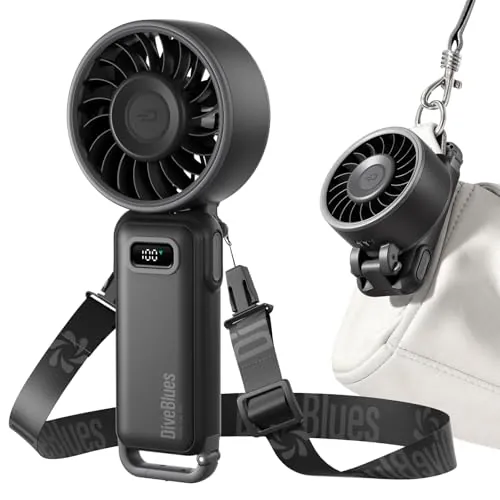 Diveblues - Ventilador Portátil de Mano Plegable con Batería - para Mano, Escritorio y Cuello - 100 Velocidades Ajustables y hasta 12h de Autonomía - Ideal para Viajar, Playa, Camping y Oficina