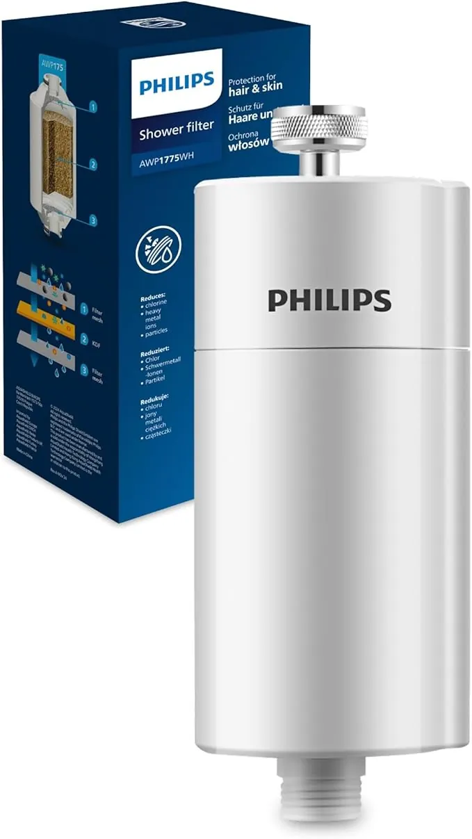 Philips Water Filtro de ducha en línea + 1 cartucho de repuesto, reduce el CLORO hasta un 99%, compatible con todas las mangueras y grifos estándar, capacidad de filtración 50 000 L por filtro