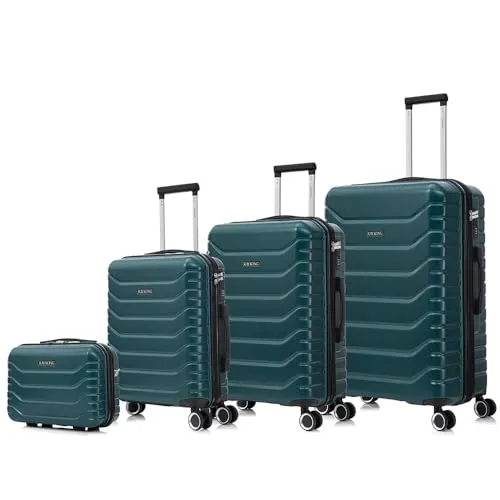 RAYKONG Conjunto de 4 Maletas ABS+PC|Neceser 29cm|Cabina 55x40x20cm|Mediana Expandible 20kg-23kg - 66x45x27.50-30cm|Grande Expandible 23kg-25kg - 75x49x31-33.50cm | Verde