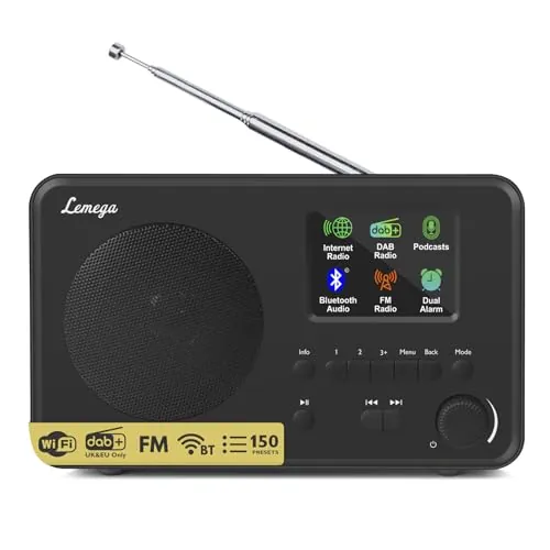 LEMEGA IR1S Radio por Internet con podcasts y Bluetooth - DAB/DAB+, radio FM, 150 preajustes, radio despertador, radio de cocina compacta con pantalla a todo color, alimentación por red o pilas AA