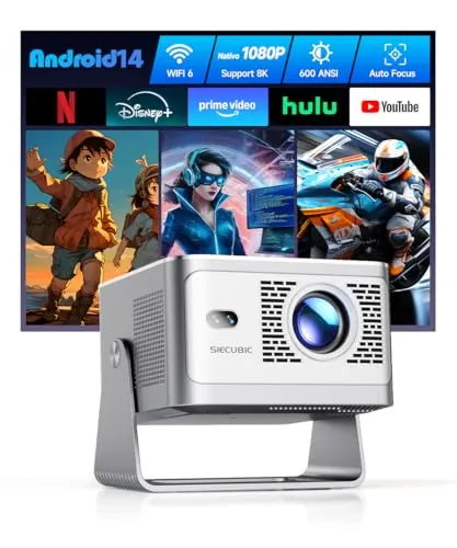 SIECUBIC Mini Proyector Portatil 4K Full HD 1080P, 600 Lúmenes ANSI, Android 14 WiFi 6 Bluetooth 5.4, Corrección de Distorsión y Enfoque Automático, Cine en Casa Interior y Exterior