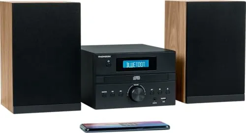 Microsistema Bluetooth - THOMSON - Legno/Nero - Radio FM/CD/MP3/USB, 20W RMS, Sintonizzatore FM RDS, Jack per cuffie, Telecomando, Alimentatore. 230 V