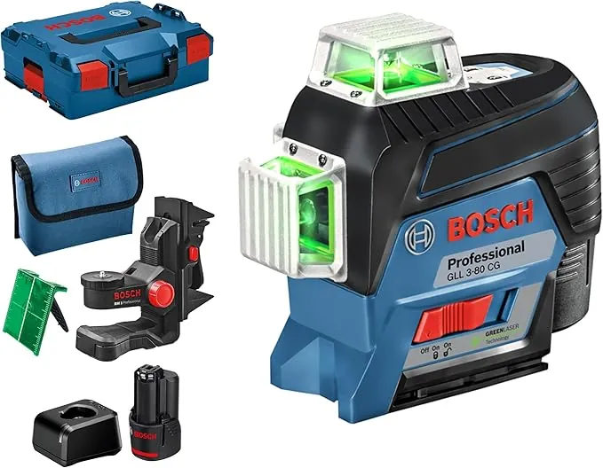Bosch Professional 12V System nivel láser GLL 3-80 CG (2 baterías de 12 V, cargador, láser verde, función de aplicación, soporte, alcance: hasta 30 m, en L-BOXX) – Amazon Exclusive Set