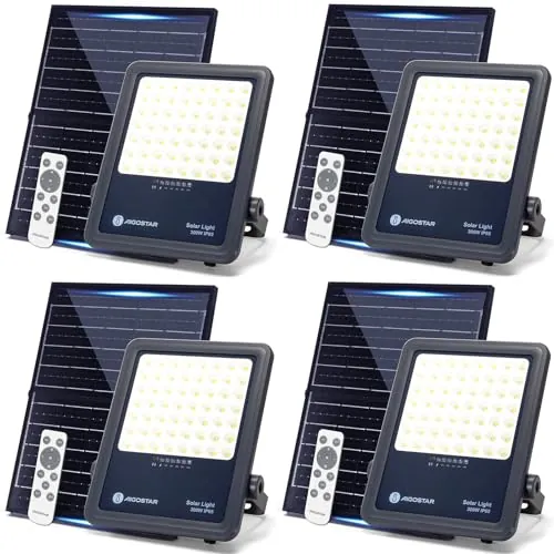 Aigostar Foco proyector LED solar con control remoto,focos solare de 300W, 3000LM,luz blanca fría de 6500K,IP65 impermeable Luz solar exterior,para jardín,terrazas,caminos,garajes,cable de 2M