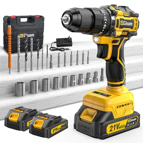 Taladro Percutor a Bateria 21V,2 x 2.0 AH Taladro Atornillador Bateria con,Atornillador Electrico 55Nm,23+3 Ajuste de Par,24 Accesorios,2 Velocidad, LED Luz Para Hogar,Bricolaje