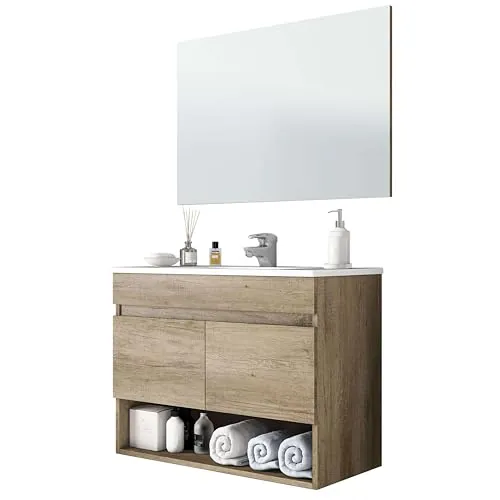 ARKITMOBEL 305110H Mueble de Baño Suspendido con 2 Puertas y Espejo, Modulo Colgante, Modelo Cotton, Acabado en Nordik, Medidas: 80 cm (Ancho) x 64 cm (Alto) x 45 cm (Fondo)