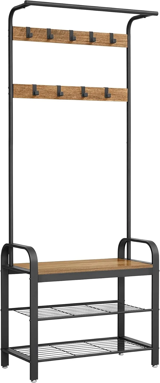 VASAGLE Perchero Zapatero, Perchero con Banco Recibidor, 4 en 1, 9 Ganchos Extraíbles, Barra Superior, para Entrada Pasillo, 33,7 x 77 x 183 cm, Industrial, Nogal Medio y Negro HSR040B41