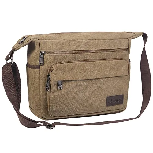 JAKAGO Bolsa de mensajero de lona para hombres/mujeres, bolsa de hombro con múltiples bolsillos para viajes escolares, pesca al aire libre, camping, trabajo, uso diario, 15 inchs-Café