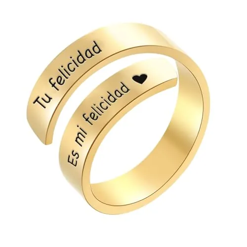 cotigo Regalo para Mujer – Anillo Ajustable de Acero Inoxidable con Mensaje Grabado, Joya Romántica para Novia, Esposa o Pareja, Incluye Caja de Regalo (Tu felicidad es mi felicidad-Dorado)