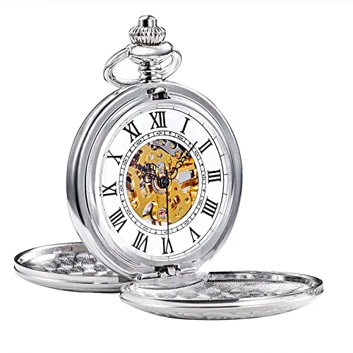 TREEWETO Reloj de Bolsillo mecánico para Hombre con números Romanos Dorado/Bronce/Plata, Plateado., Mecánica