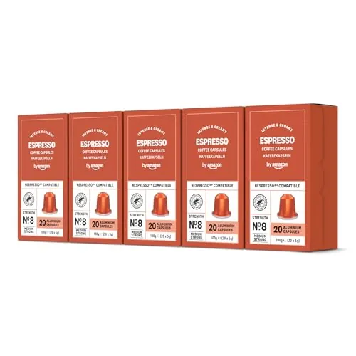 by Amazon - Cápsulas de café Espresso, tueste claro, compatibles con Nespresso, 100 unidades, 5 paquetes de 20, Certificado Rainforest Alliance