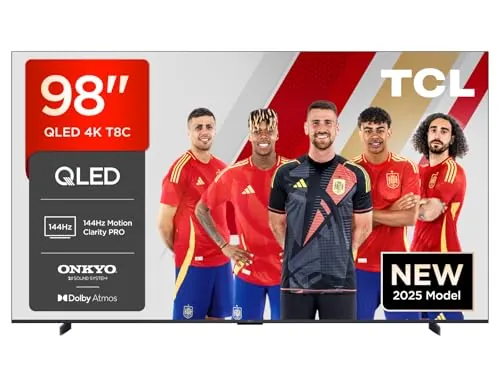 TCL 98T8C Televisor 98 Pulgadas QLED 4K Smart TV, 144Hz FreeSync Premium, Dolby Vision y Atmos, Onkyo 2.0, Google TV, Motion Clarity Pro, Gaming, Control por Voz