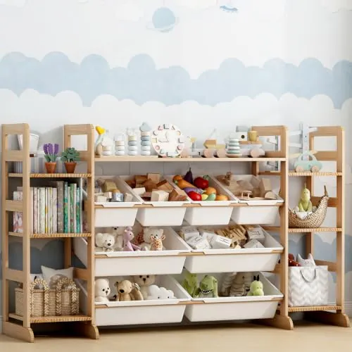 Wumagin Organizador Juguetes de Madera Maciza con 8 Caja de Almacenamiento, Librería Infantil Montessori, Organizador de Libros y Juguetes (133x80x34 CM)