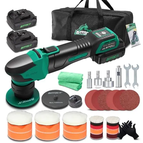 BATOCA Mini Professional Pulidora Coche S4,Rotorbital,Motor Sin Escobillas | 2 Baterías 2.5Ah 12V,Máquina Pulir para Detalles,Inalámbrica Pulidora,25mm/75mm Disco pulidor,2000-5500RPM