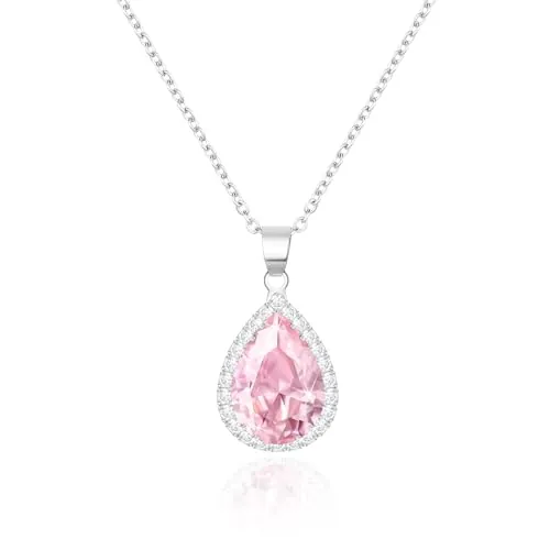 Linawe Collar de cadena para mujer, colgante rosa, cadena de plata, diamante, piedra de nacimiento, cadena de cristal, colgante, conjuntos de joyas para mujer