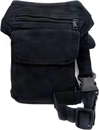 Riñonera Negra Grande con 3 Bolsillos. Bolso de Cadera Colgante Estilo Hippie Hippy Rasta Etnico Tribal Urbano Casual (Negro)
