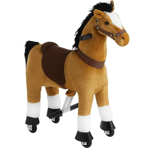 tectake® Caballo de Montar para Niños de 3 a 6 Años, Balancín con Ruedas | Rodamientos de Bolas, Freno Antiretroceso, Funda de Felpa, Asas y Pedales Antideslizantes, Carga 30 kg, Marrón Claro
