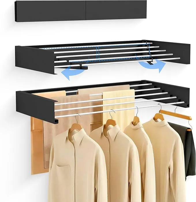 JUPPLIES Tendedero Pared Plegable Retractil 80cm - Tendederos Plegables de Pared para Interior o Exterior - Ahorra de Espacio con Diseño Compacto de 30 kg de Capacidad - (80cm, Negro)