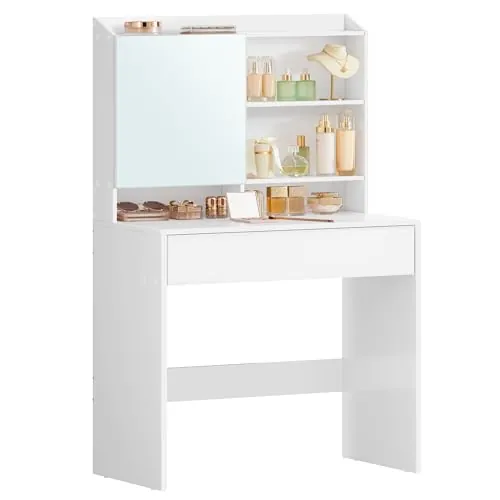 VASAGLE Tocador con Espejo, Mesa de Maquillaje con Armario y cajón con Espejo, Estantes Ajustables, Estilo Moderno, 70 x 40 x 136 cm, Blanco RDT118W01