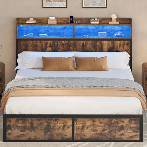 YITAHOME Estructura de Cama LED con cabecero, Puertos USB y Salidas de Carga, Plataforma de Metal, Marco de Cama con 2 estantes, no Requiere colchón, marrón, 200 x 180 cm