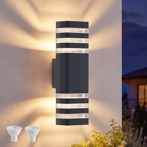 Klighten Lámpara exterior de pared Interior/Exterior, IP65 Lámpara de pared GU10 Up Down 3000K, Aplique Pared LED Para Dormitorio, Patio,Terraza, Corredor(Antracita)