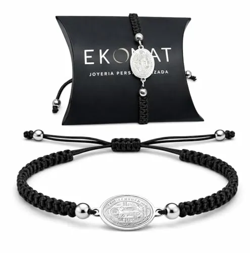 Pulsera San Benito en Acero y Macramé Ajustable – Medalla Ovalada con San Benito y Cruz de San Benito – Pulsera Religiosa de Protección Unisex en 3 Colores: Azul, Rojo y Negro (NEGRO)