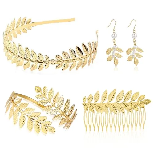 TUONYIS 4 Piezas Accesorios de Disfraz de Diosa Griega Mujer Corona de hojas romanas, tocado de hoja de laurel, tocado bohemio, Peine, Clip para el Pelo, Pendientes, Pulsera, para Bodas Party (Oro)