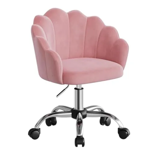 WOLTU Silla de Tocador Terciopelo, Silla Giratoria con Ruedas, Rosa | Respaldo de Petalos, Ergonómica para Maquillaje, Patas de Metal
