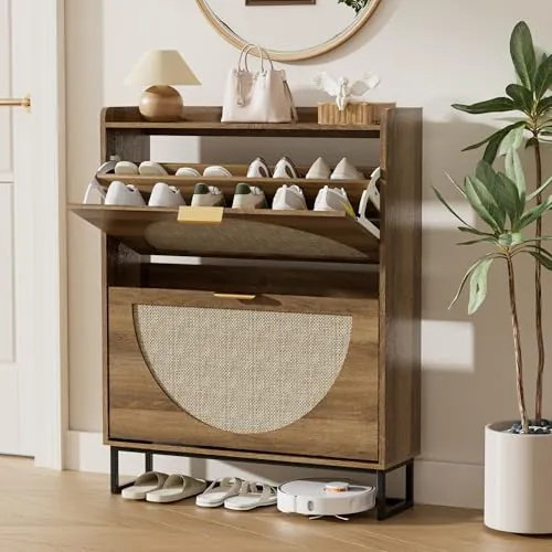 BonVache Armario Estrecho para Zapatos, Zapatero con 2 Abatibles, Ajustable, Almacenamiento de Zapatos en Madera, para Entrada, Sala de Estar, Pasillo, 80x24x102 cm, Ratán