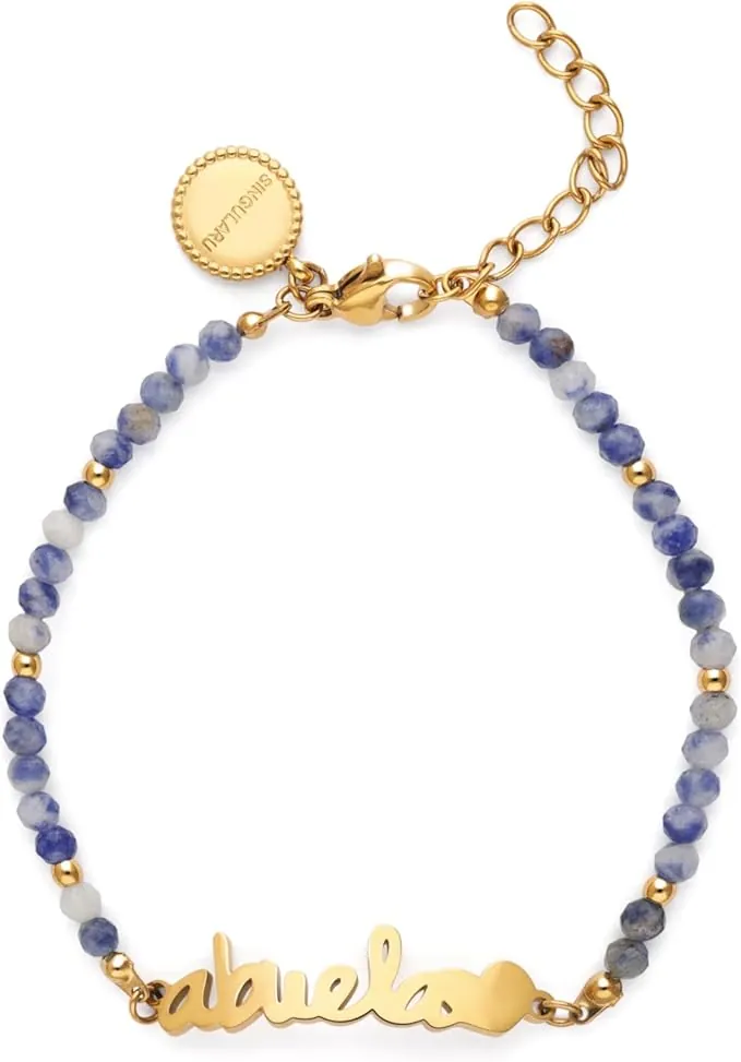 SINGULARU - Pulsera Abuela Heart Cianita. Acero con Baño en Oro de 18 Kt y Piedra Natural. Joyas Para Mujer.