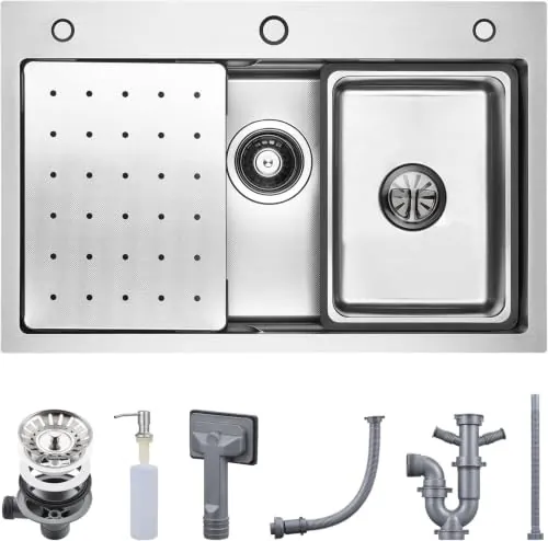 CECIPA Fregadero Cocina 1 Seno 70x45 CM, Fregadero de Acero Inoxidable con Dispensador de Jabón, Fregadero con Sifón y Juego de Desagüe, Fregadero Cocina con Lavello Mobile e Tagliere, Cepillado
