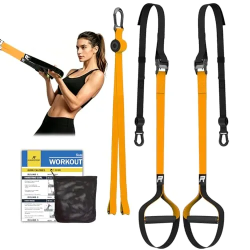 RHINOSPORT Juego de Entrenamiento de suspensión con Anclaje para Puerta Ajustable para Gimnasia en casa Adecuado naranja