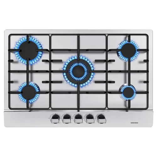 WEHIMO - Placa de cocina de gas de 5 fuegos, placa de gas 5 fuegos inox, cocina de gas con 5 quemadores empotrables, rejilla de hierro fundido, 10500 W, gas ciudad y botella