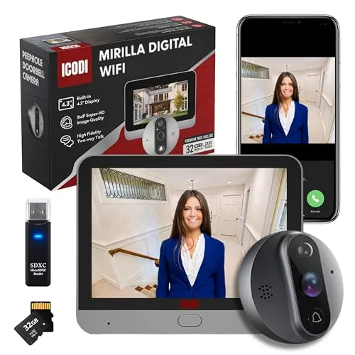 ICODI Mirilla Digital Puerta WiFi Grabadora, Pack Premium 3MP Super-HD, Pantalla 4.3", 5200 mAh, Sin Suscripción ni Cuotas, con MicroSD de 32GB, Alexa/Google Home, hasta 4 Dispositivos, App TuyaSmart