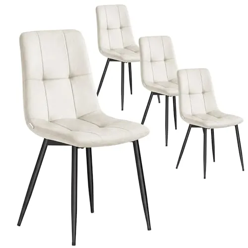VASAGLE Sillas de Comedor de Terciopelo, Carga 120 kg Cada Una, Sillas de Cocina Acolchadas con Pies Ajustables, Estilo Moderno, para Salón, Juego de 4, Beige Capuchino KDC080LH01