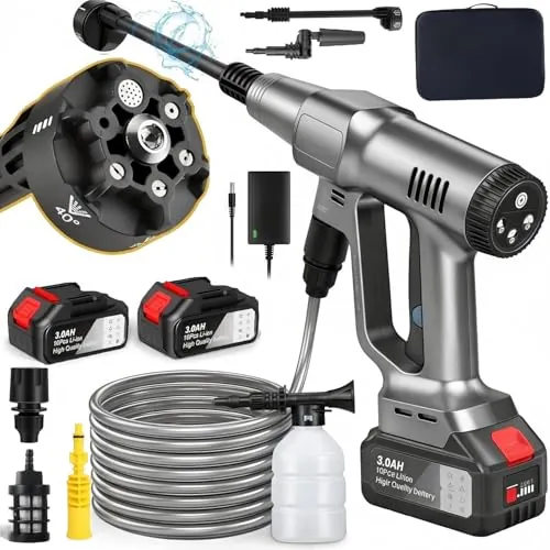 Hidrolimpiadora de Batería 100Bar, Hidrolimpiadora de Alta Presion con 6,0Ah Bateria, Boquilla 6 en 1, 3 Niveles de Presión de 60/80/100 Bar, Limpiador a Presión Portátil para Coche y Jardín (Plata)