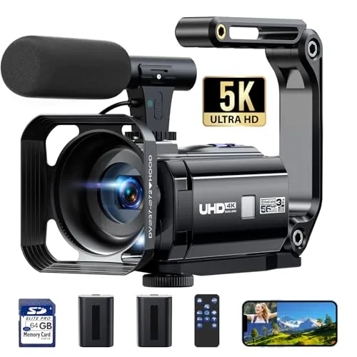 FIREFOTO Videocámara 5K 56MP Cámara de Vídeo, Cámara para Vlog YouTube con Doble Lente, Pantalla Táctil 3" 270°, WiFi Visión Nocturna IR, Zoom 16X, Micrófono Externo, 2 Baterías, Tarjeta 64GB, Trípode
