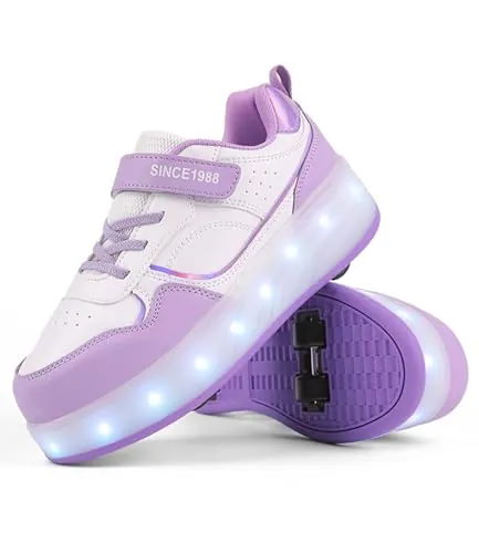 Fansu Zapatos con Ruedas y LED Luces para Niños y Niñas, Zapatillas con Ruedas con USB, Morado Zapatillas de Skateboard con 4 Retráctil Wheels para Cumpleaños, Navidad