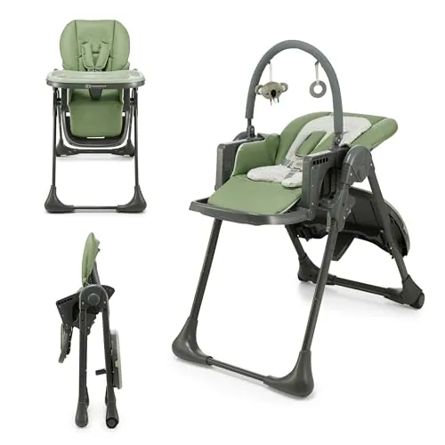 Kinderkraft TUMMIE Trona Bebé, 2 en 1, trona para niños, trona combinada, Asiento desde los primeros meses de vida, reposapiés, Posición tumbada, con juguetes, ajustable, Verde