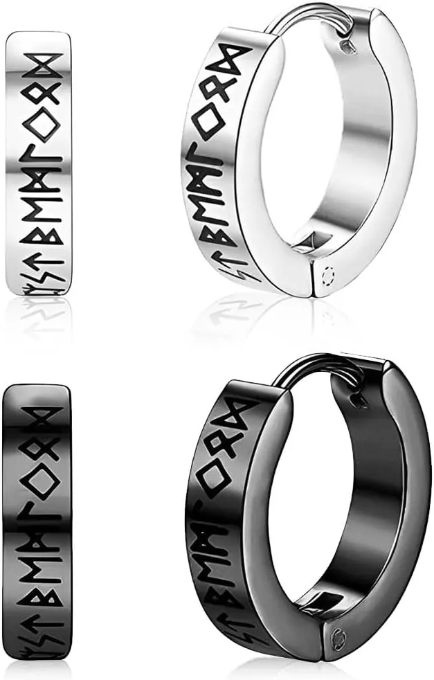 JRYXD 1 Par De Aros Vikingos Nórdicos Para Hombre – Acero Inoxidable, Runas Futhark Antiguo (Negro Y Plateado)