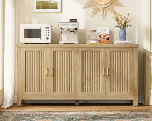 TEENFON 140 cm Aparadores para Salon con Puertas Estriadas & Tiradores Dorados, Aparador Cocina con Estantes Ajustables, Armario Cocina para Pasillo, Comedor, Salón - 140 x 38 x 84.5 cm - Roble