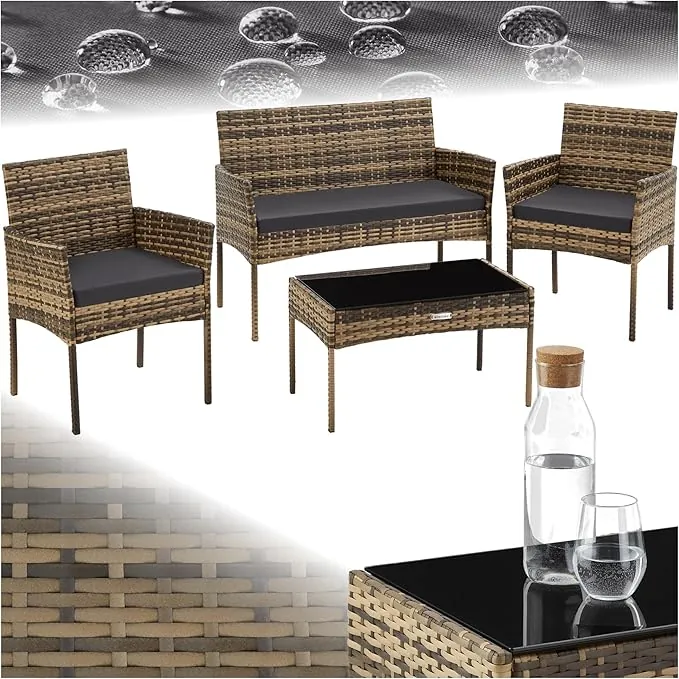 tectake® Conjunto Jardin Exterior de Ratán, Muebles Jardin Exterior para 4 Personas, Muebles Terraza con Mesa de Vidrio, Sofa Exterior y Sillas con Cojines Lavables, Sillon Cómodo - Natural