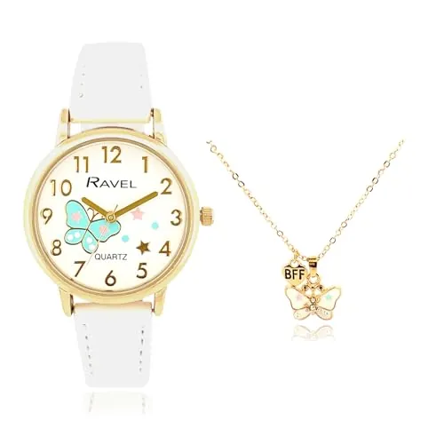 Ravel - Conjunto de Regalo Little Gems para Niñas con Reloj Dorado y Collar de Mariposa - Cuarzo Analógico - R2231.4 - Blanco