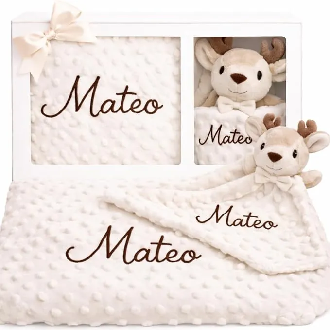 mibebestore Pack Manta Bebe Personalizada con Nombre con Doudou Bordado Regalo Personalizado para Recien Nacido Niño o Niña Mantita Minky Suave 80x100cm Dou Dou 25x25 cm Cuna Coche Detalle Tierno