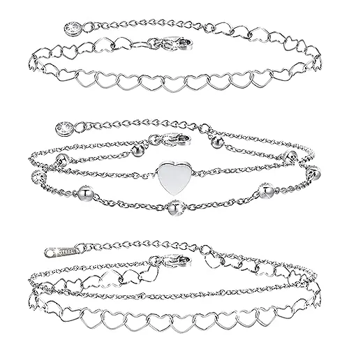 Tobillera de Mujer Ajustables 3pcs Pulseras Tobillo Mujer Acero Inoxidable Tobillera Doble Mujer Corazón Tobillera Pulsera Plata Tobillera de Playa para Pie para Niñas Ajustable 20+5cm con 3 Cajas